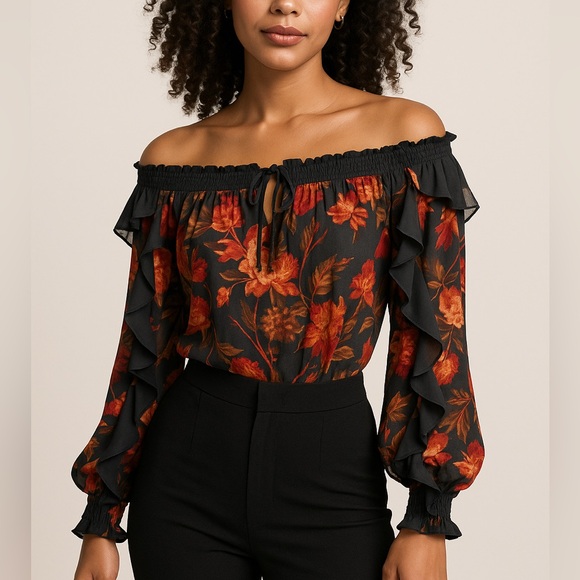 Free People Black And Orange Floral Bodysuit - Picture 1 of 12